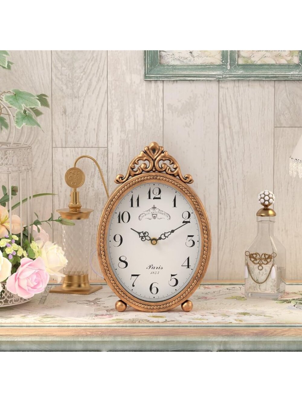 Vintage Antique Gold Table Clock | Rustic French Style Decorative Mantel Clock - Picture 4 of 8